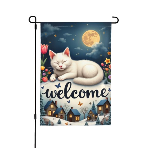 Welcome White Cat Sleeping Garden Flag 12x18 Inch Double Sided, Night Moon Flowers Butterfly Village Scene Spring Summer Seasonal Yard Outdoor Decor