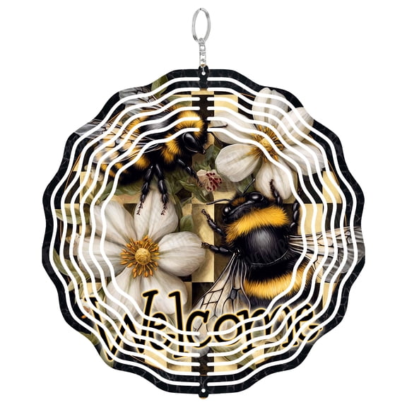 Welcome Wind Spinner Metal Outdoor Decor Bumblebee Garden Black Gold