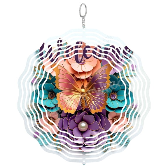 Welcome Wind Spinner Metal Outdoor Decor Floral Whimsical Purple Pink Teal Gold