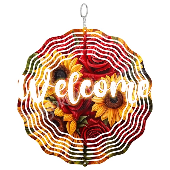 Welcome Wind Spinner Metal Outdoor Decor Vibrant Floral Garden Red Yellow Green