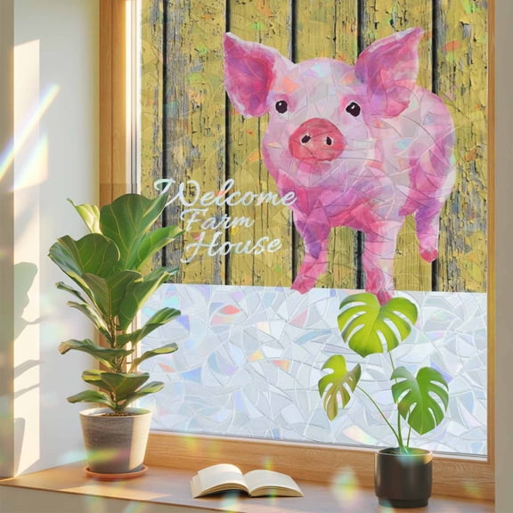 Welcome Window Privacy Film, Farmhouse Watercolor Pig Cute Piggy Yellow Wood Grain Stained Glass Rainbow Film Decorative Window Clings, Static Cling Sun Blocking Stickers 19.6" x 39.3"