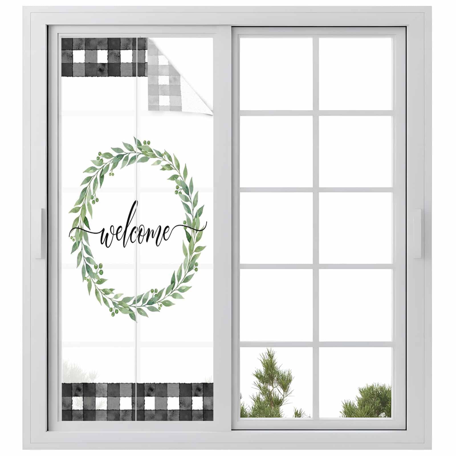 Welcome Window Privacy Film, Vintage Leaf Wreath Plant Black Plaid Border Frosted Glass Window Clings Static Cling UV Heat Blocking Reusable Door Sticker for Bathroom 23.6 x 59 Inch