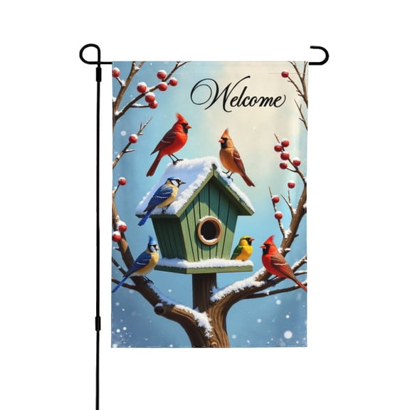 Welcome Winter Birds Garden Flag 12x18 Inch Double Sided Outdoor Yard Decoration, Snow Covered Birdhouse Cardinal Bluebird Decor