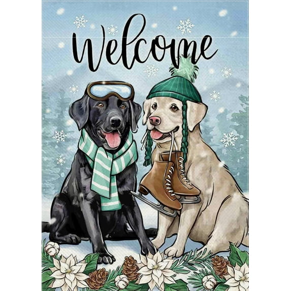 Welcome Winter Black White Labrador Dog Decorative Garden Flag, Christmas Pet Poinsettia Yard Decorations Dog Lover Gifts, Snow Seasonal Burlap Outdoor Small Home Decor Double Sided 12 x 18