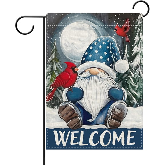 Welcome Winter Blue Gnome Decorative Garden Flag, Snowy Cardinal Moon Pine Tree Yard Outside Home Decoration, Christmas Seasonal Burlap Outdoor Small Decor Double Sided 12 x 18