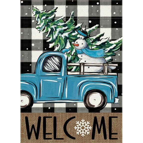 Welcome Winter Blue Truck Decorative Garden Flag, Christmas Tree Snowman Black White Buffalo Plaid Check Yard Outside Decorations, Snowy Farmhouse Outdoor Small Home Decor Double Sided 12x18