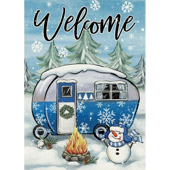 Welcome Winter Camping RV Decorative Garden Flag, Christmas Snowman Camper Bonfire Pine Tree Yard Outside Decorations, Seasonal Snowflake Burlap Outdoor Small Home Decor Double Sided 12.5 x 18