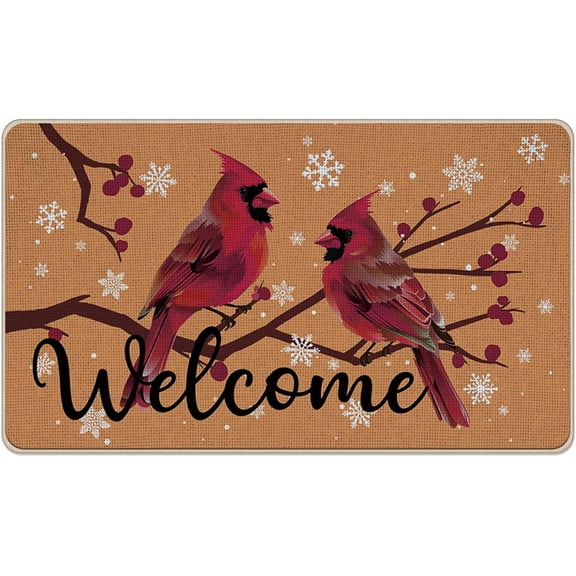 Welcome Winter Cardinal Orange Front Door Mat, Red Birds Berry Branch Snowflake Decorative Doormat Non-Slip Floor Entryway Rug, Christmas Indoor Outdoor Home Kitchen Decoration 17x29 Inches