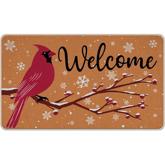 Welcome Winter Cardinal Red Bird Front Door Mat, Orange Christmas Berry Branches Decorative Doormat Non-Slip Floor Entryway Rug, Snowflake Indoor Outdoor Home Kitchen Decoration 17x29 Inches
