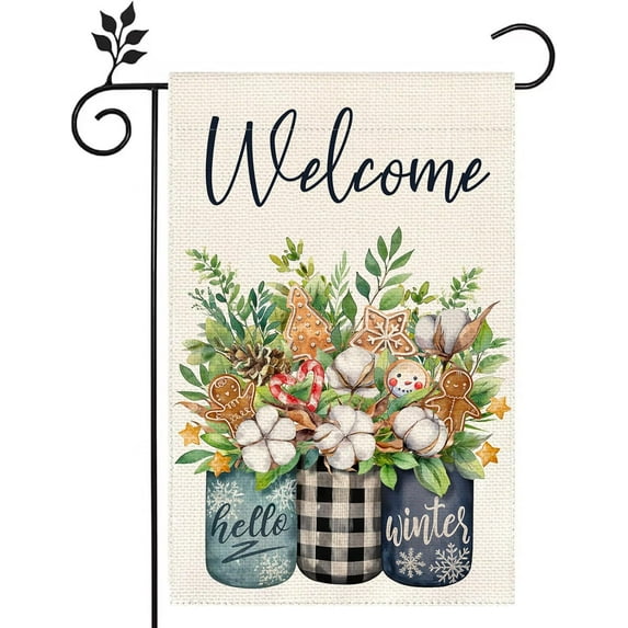 Welcome Winter Christmas Colorful Vase Garden Flag 12.5x18 Double Sided Burlap Home Outdoor Yard Lawn Garden Flag Decoration -A 12.5x18