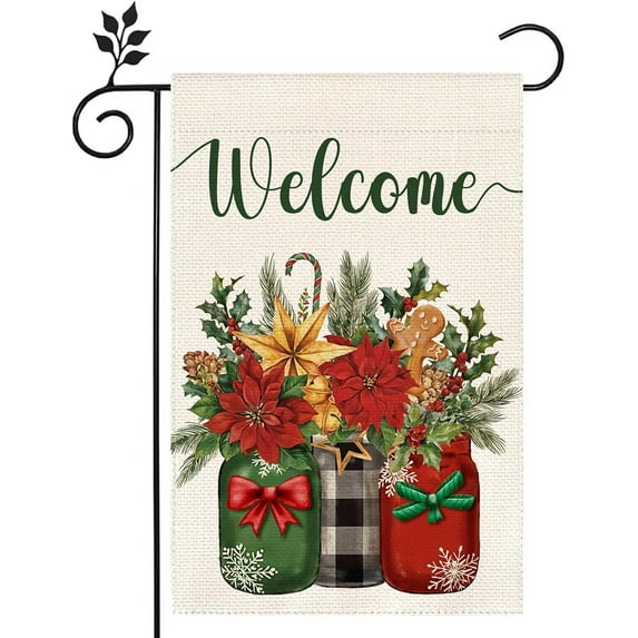 Welcome Winter Christmas Colorful Vase Garden Flag 12.5x18 Double Sided Burlap Home Outdoor Yard Lawn Garden Flag Decoration -B 12.5x18