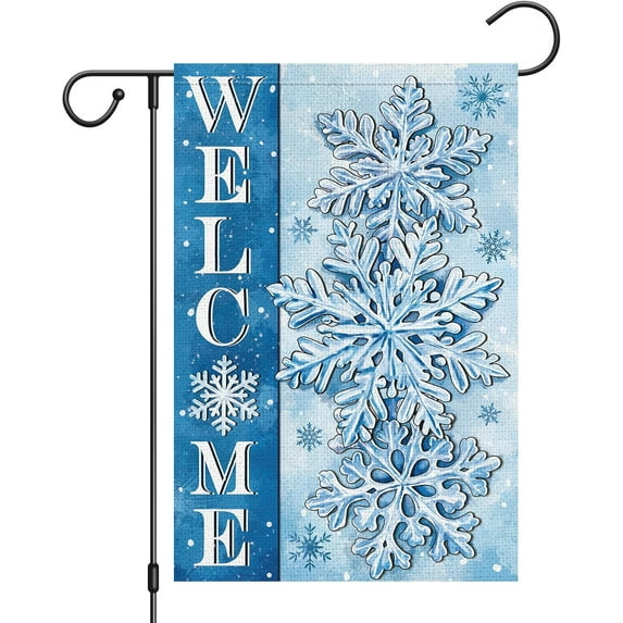 Welcome Winter Garden Flag 12.5x18 Double Sided Burlap Christmas Snowflake Garden Flags for Winter Christmas Seasonal Outside Outdoor Decoration (ONLY FLAG)