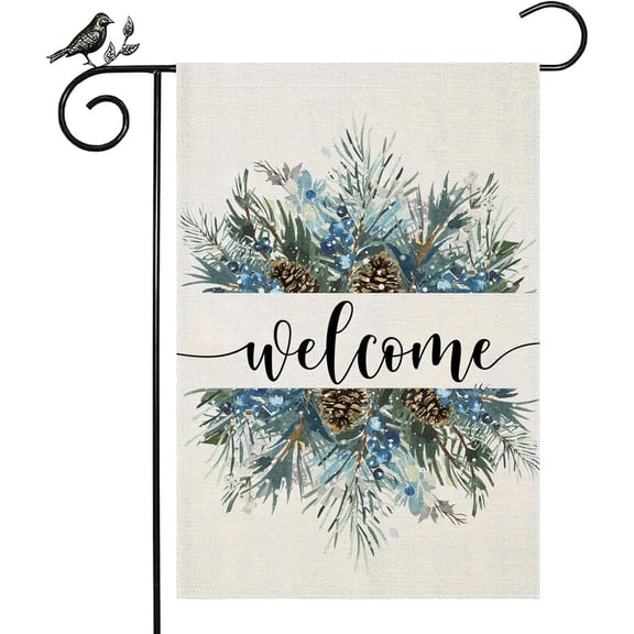 Welcome Winter Garden Flag 12.5x18 Double Sided, Pine Twigs Rustic Farmhouse Decoration for Seasonal Christmas Wedding Yard Outdoor