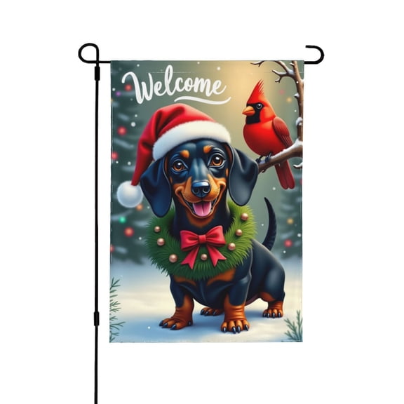 Welcome Winter Garden Flag 12x18 Inch Double Sided Dachshund Cardinal Christmas Wreath Holiday Yard Flag Outdoor Decoration