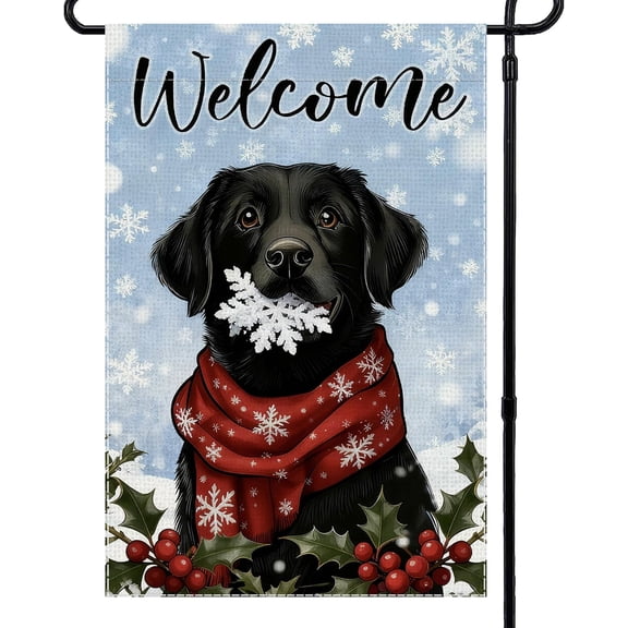 Welcome Winter Garden Flag Black Labrador Dog Small Flags for Outside, 12x18 Inch Snowflakes Double Sided Burlap Christmas Party Farmhouse Outdoor Yard Lawn Decoration