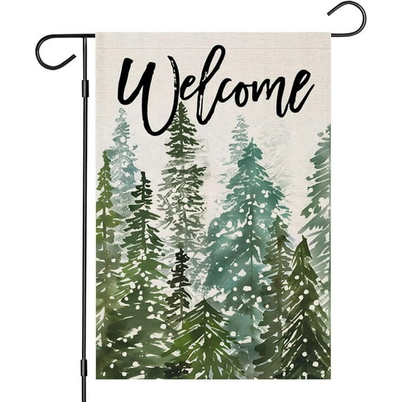 Welcome Winter Garden Flags 12x18 Inch Vertical Double Sided, Christmas Watercolor Forest Small Yard Outside Decorations, Xmas Seasonal Farmhouse Holiday Outdoor Décor