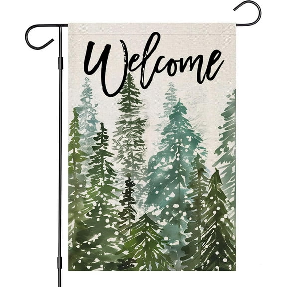 Welcome Winter Garden Flags 12x18 Inch Vertical Double Sided, Christmas Watercolor Forest Small Yard Outside Decors, Xmas Seasonal Farmhouse Holiday Outdoor Décor (3-CHRIST-2)
