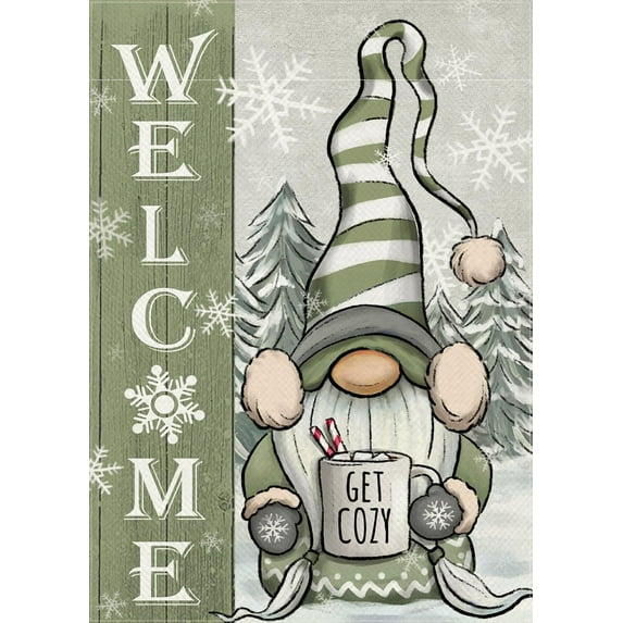Welcome Winter Gnome Green Decorative Garden Flag, Christmas Snowflakes Pine Tree Get Cozy Yard Outside Decorations, Seasonal Farmhouse Burlap Outdoor Small Home Decor Double Sided 12.5x18