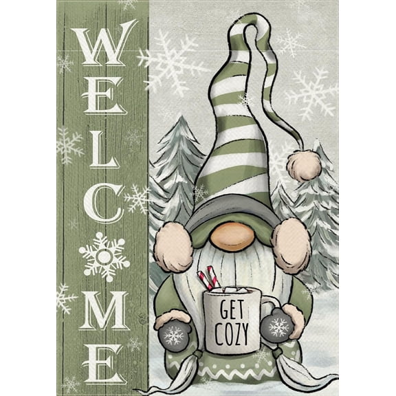 Welcome Winter Gnome Green Decorative Garden Flag, Christmas Snowflakes Pine Tree Get Cozy Yard Outside Decorations, Seasonal Farmhouse Burlap Outdoor Small Home Decor Double Sided 12.5x18