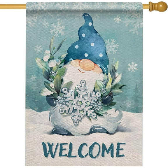 Welcome Winter Gnome Snowflakes House Flag Double Sided, Blue Polka Dots Hat Decorative Garden Yard Outdoor Large Flag, Christmas Holiday Farmhouse Burlap Decor Home Outside Decorations 28 x 40