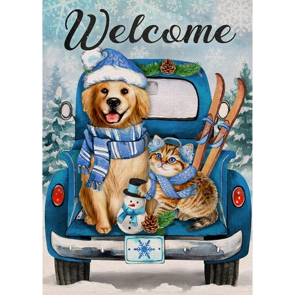 Welcome Winter Golden Retriever Dog Cat Decorative Burlap Garden Flag, Blue Truck Puppy Kitty Home Yard Small Outdoor Decor, Christmas Snowy Outside Decoration Double Sided 12 x 18