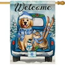 Welcome Winter Golden Retriever Dog Cat Decorative House Flag, Blue Truck Puppy Kitty Snowman Home Yard Garden Outdoor Decor, Christmas Snowy Large Outside Decoration Double Sided 28 x 40