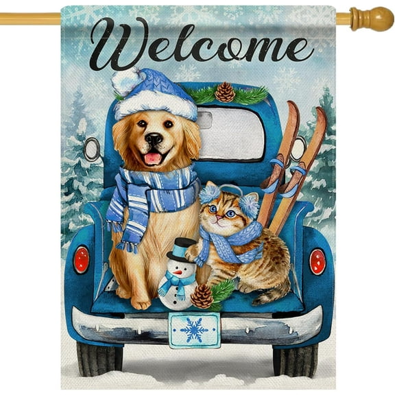 Welcome Winter Golden Retriever Dog Cat Decorative House Flag, Blue Truck Puppy Kitty Snowman Home Yard Garden Outdoor Decor, Christmas Snowy Large Outside Decoration Double Sided 28 x 40