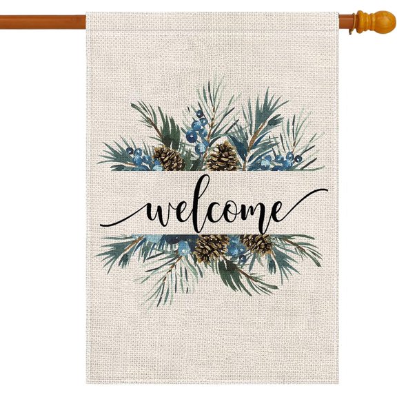Welcome Winter House Flag 20 x 48 Double Sided, Pine Twigs Rustic Farmhouse Decoration for Seasonal Christmas Wedding Yard Outdoor