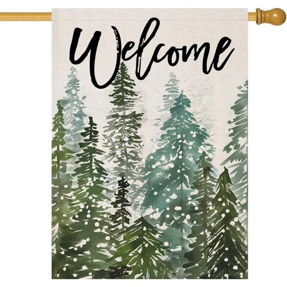 Welcome Winter House Flags for Outdoor Decoration, Christmas Watercolor Forest Large Yard Flag, Decorative Xmas Seasonal Farmhouse Holiday Outside Decor 28x40 Inch Vertical Double Sided