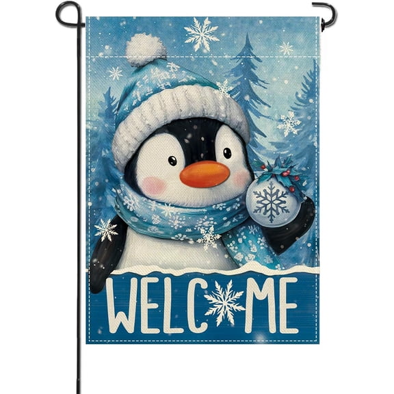 Welcome Winter Penguin Small Decorative Garden Flag, Snowy Pine Tree Snowflake Yard Lawn Outside Decor, Christmas Ball Seasonal Burlap Outdoor Home Decoration Double Sided 12 x 18
