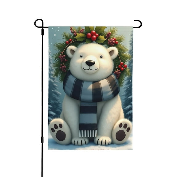Welcome Winter Polar Bear Small Decorative Garden Flag, Buffalo Plaid Check Scarf Pine Tree Yard Lawn Outside Decor, Snowy Christmas Farmhouse Burlap Outdoor Home Decoration Double Sided 12X18