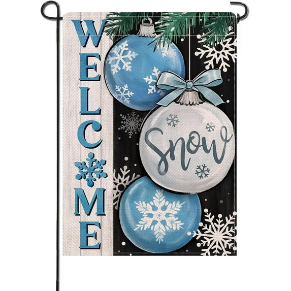Welcome Winter Snow Small Decorative Garden Flag, Ornament Ball Snowflakes Yard Lawn Outside Decor, Christmas Holiday Farmhouse Burlap Outdoor Home Decoration Double Sided 12.5 x 18