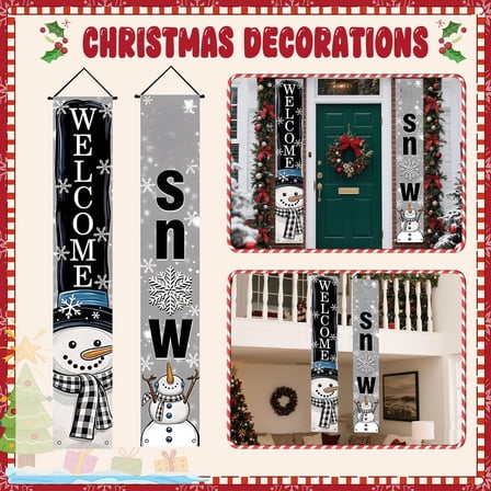 Welcome Winter Snowman Gray Porch Banner Sign, Let It Snow Snowflake Buffalo Plaid Check Door Decorative Hanging Banner Flag, Christmas Holiday Seasonal Decoration Home Outdoor Decor