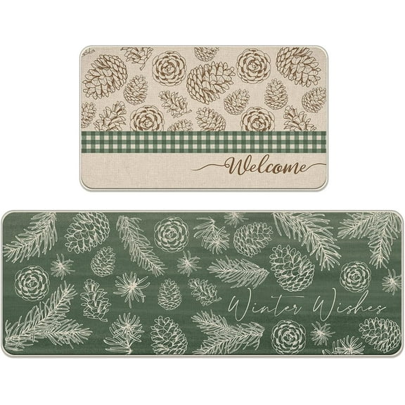 Welcome Winter Wishes Kitchen Rugs Set of 2, Green Pine Cone Pine Needle Kitchen Mats Decor, Plaid Farmhouse Seasonal Floor Door Mat Home Decorations - 17x30 and 17x47 Inch