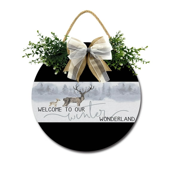 Welcome To Our Winter Wonderland Door Sign Home Decor Round Wood Wreaths Wall Hanging Sign Farmhouse Porch Sign Front Door Decoration for Housewarming Gift All Seasons Holiday,12In