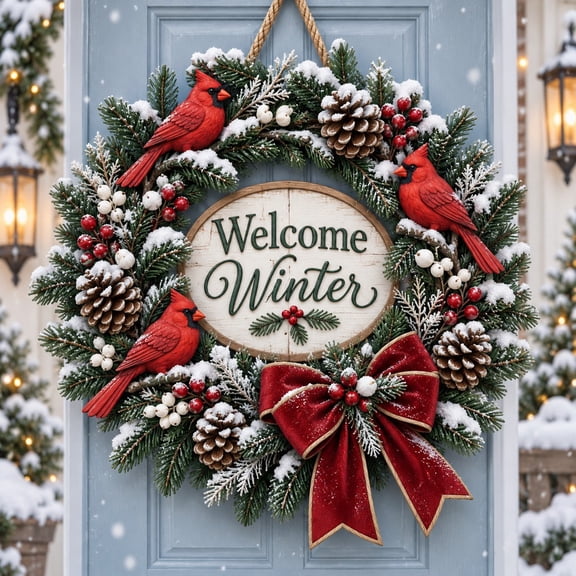 Welcome Winter Wooden Sign, Cardinal Wreath Door Hanging for Seasonal Entryway