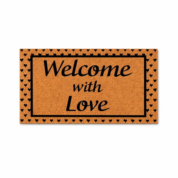 Welcome With Love, Heart Border Doormat - Brown Coir PVC Outdoor Doormat (24x72 inches)