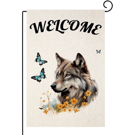 Welcome Wolf Butterflies Garden Flag 12x18 Inch Vertical Double Sided Farmhouse Burlap Yard Outdoor Decoration (6114)