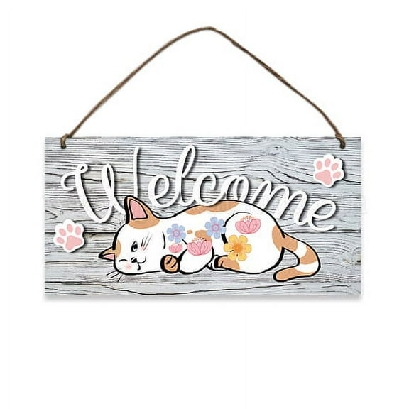 Welcome Wood Sign Round Wood Hanging Plaque Rustic Farmhouse Wall Sign Decor Cat Flowers Patter Front Door Sign Decorations with Jute Twine for Home Hotel Decor Wall 30x15cm