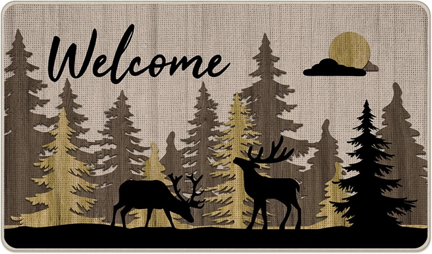 Welcome Woodland Deer Decorative Front Door Mat, Brown Forest Wild Animals Adventure Doormat Indoor Outdoor Non-Slip Floor Entryway Rug, Farmhouse Rustic Home Kitchen Decoration 17x30 Inch