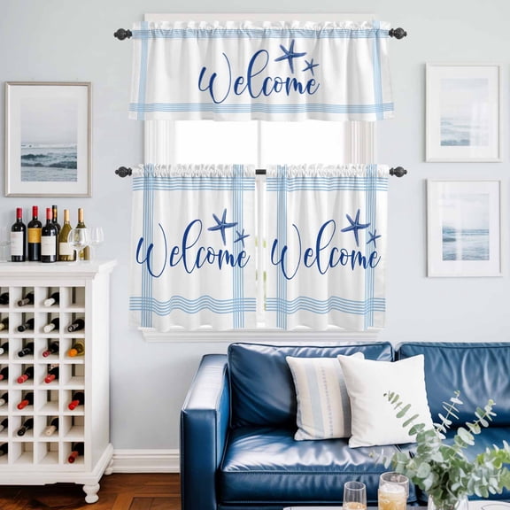 Welcome Words Blue Stripe Curtain Tier and Valance Set 3 Piece, Marine Life Starfish 3-inch Rod Pocket Window Tier Curtains Valance for Kitchen Living Room