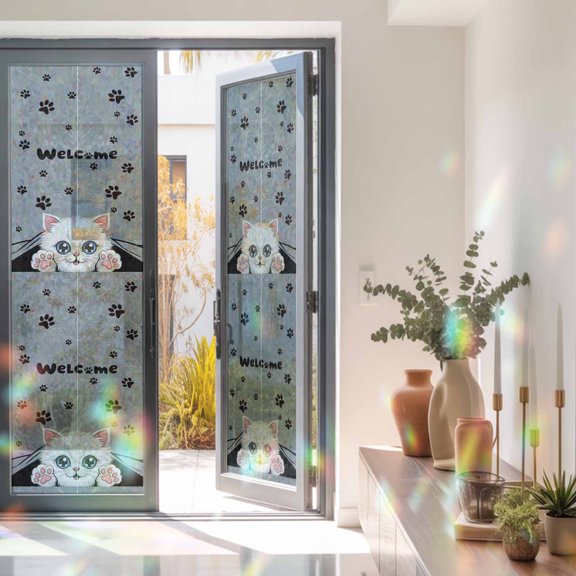 Welcome Words Claws on Black Window Privacy Film, Rainbow Film Decorative Window Sticker 23.6x78.7in, Cute Kitty Cat Sun Blocking Static Stained Glass Cling Tint Non-Adhesive