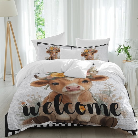 Welcome Words Cute Cow Queen Size Bed Set,Flowers Films Boundaries Bedding for All Seasons,4 Pcs Bed Set,1 Quiltcover(90"x92"),1 Sheet(94"x116"),2 Pillowcases(30"x20")
