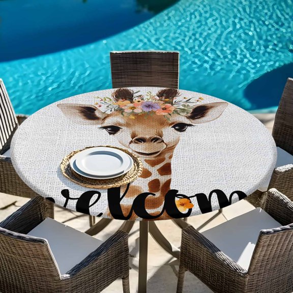 Welcome Words Cute Giraffes Round Fitted Tablecloth with Elastic Edge,Waterproof Table Cloth Fits Tables Up to 45"-54",Wipeable Table Cover for Indoor Outdoor Dinning Party,Flowers Films Boundaries