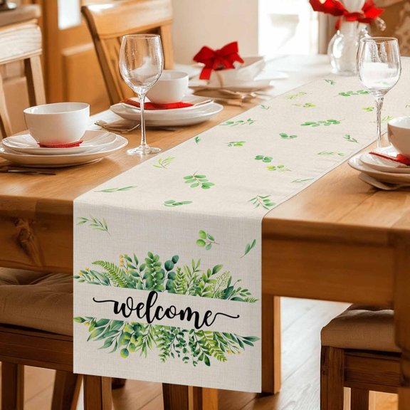 Welcome Words on Retro Linen Table Runner 36 Inches Long,Kitchen Dining Tablerunners Farmhouses Green Plants Linen Table Runners Dresser Scarves for Home Dinner Wedding Holiday Party Decor