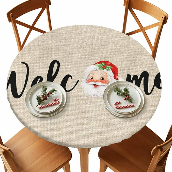 Welcome Words on Linen Fitted Round Tablecloths Elastic Edged Table Covers 36"-44",Waterproof Table Cloth for Kitchen Holiday Party Tables Decor