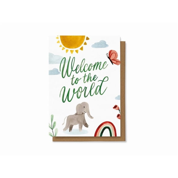 Welcome to the World Baby Card Adorable Elephant Design with Floral Elements Perfect Newborn Gift Blank Inside for Personal Messages Eco-Friendly Materials