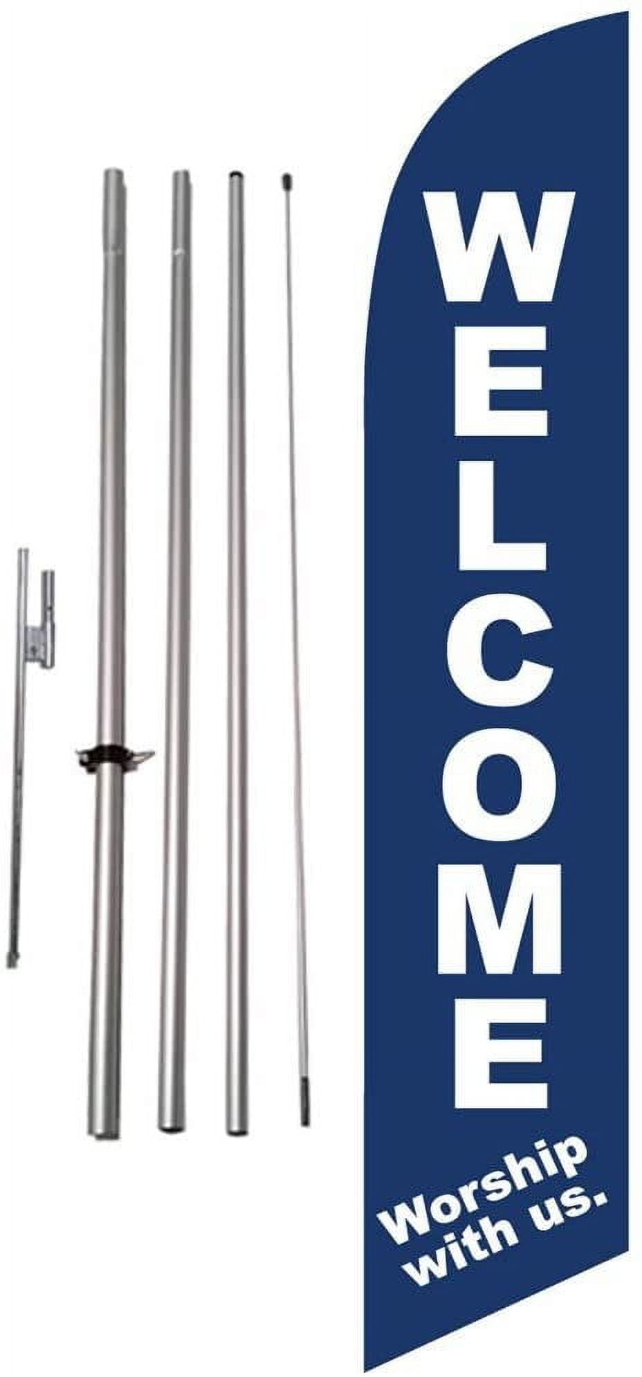 Welcome Worship with us Church 15 foot Feather Banner Sign with Flag Pole Kit and Ground Spike