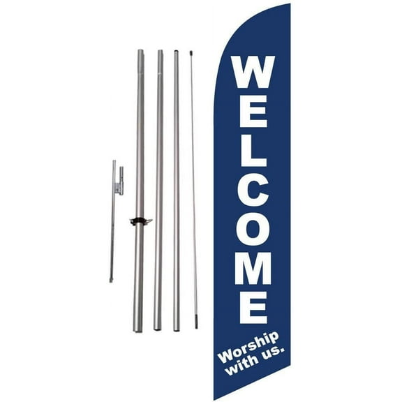 Welcome Worship with us Church 15 foot Feather Banner Sign with Flag Pole Kit and Ground Spike