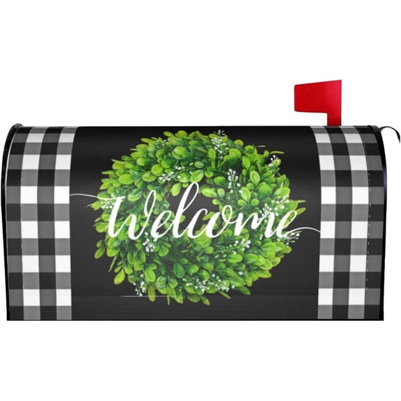 Welcome Wreath Mailbox Covers Magnetic Standard Size 18" X 21" Spring Decor Mailbox Cover Black White Buffalo Check Plaid Letter Box Covers Decoration for Holiday Garden Yard Decor
